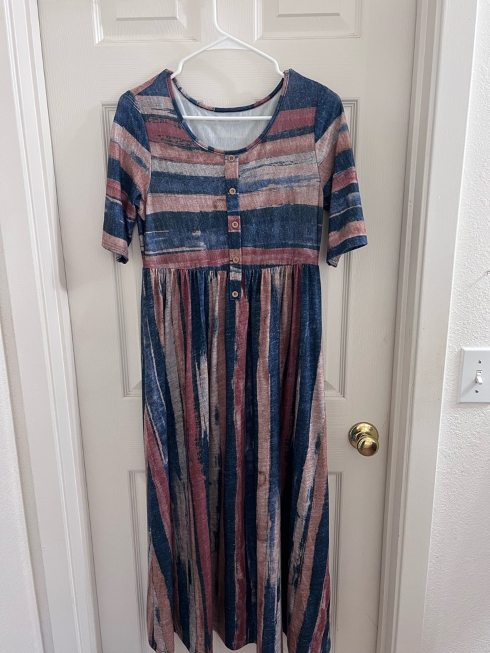 Striped Blue and Rust Maxi Dress with Button Front